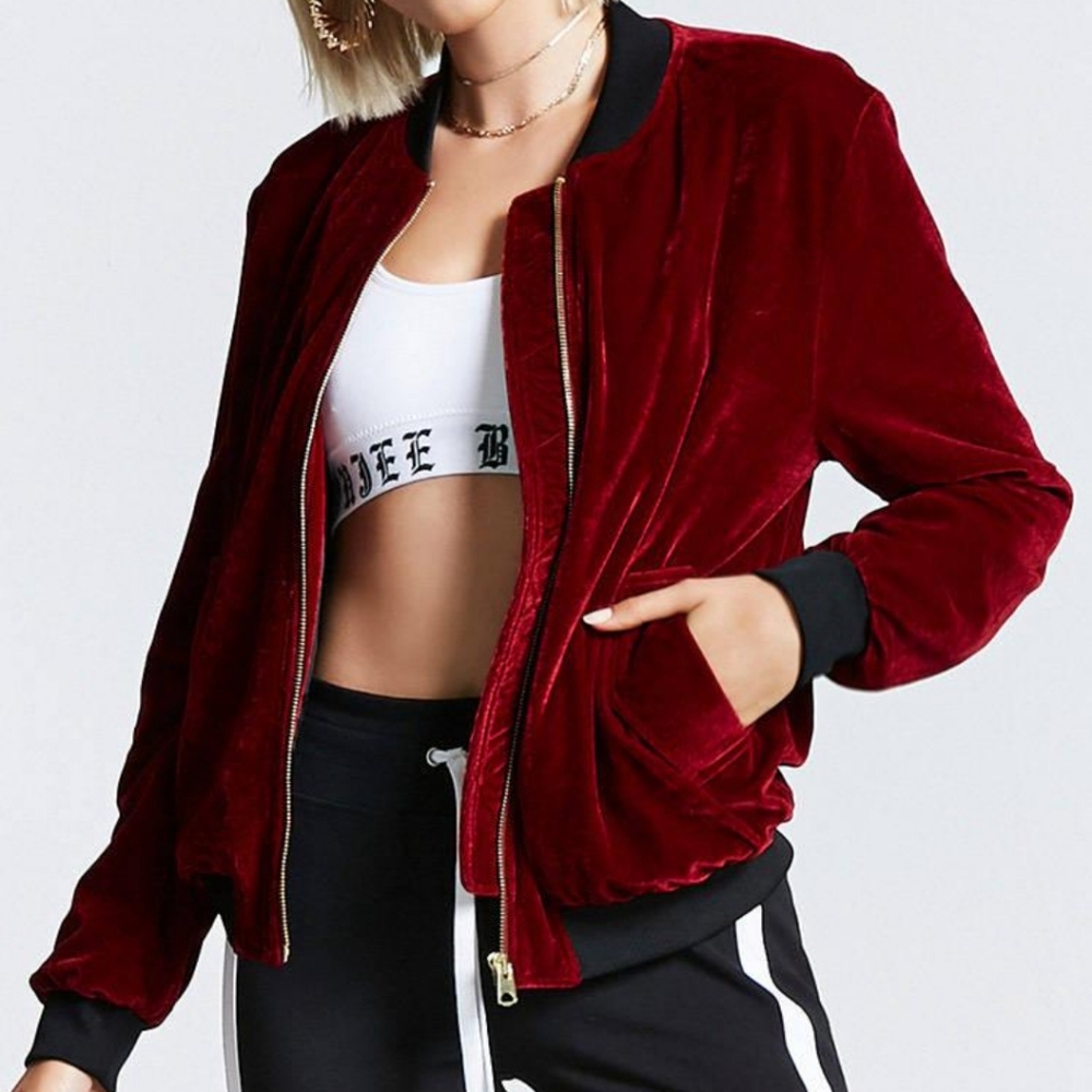 Forever 21 Burgundy (Red) Velvet Bomber Jacket